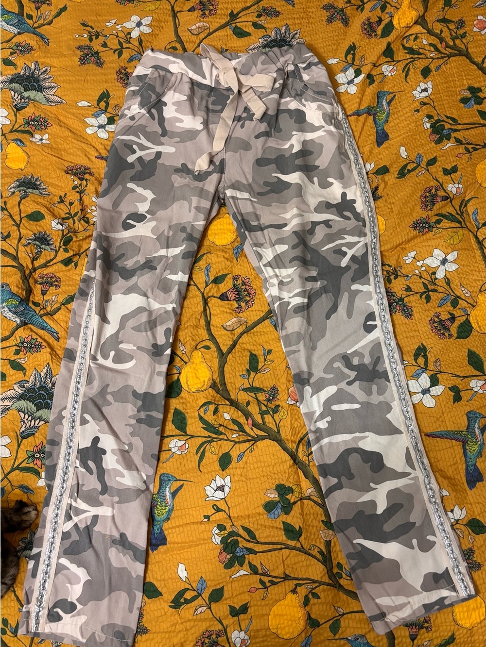 Gray Camo Straight Leg Pants with Side Stripe